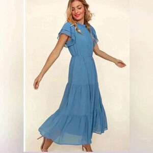 HAPTICS Coastal Blue Maxi Dress Side Pockets Ruffle Short Sleeve Spring Summer
